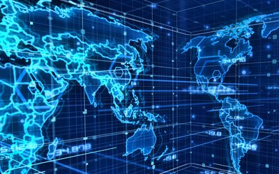 mappa del mondo blu, 4k, mappa del mondo tecnologico, comunicazioni digitali, concetti di mappa del mondo, tecnologie digitali, silhouette neon mappa del mondo, mappa del mondo digitale, reti
