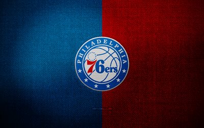 Philadelphia 76ers badge, 4k, blue red fabric background, NBA, Philadelphia 76ers logo, Philadelphia 76ers emblem, basketball, sports logo, Philadelphia 76ers flag, american basketball team, Philadelphia 76ers