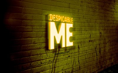 despicable me neon logo, 4k, gelbe brickwall, grunge -kunst, kreativ, logo auf draht, despicable me yellow logo, despicable me logo, kunstwerk, despicable me