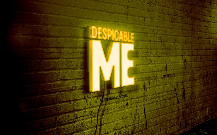 despicable me neon logo, 4k, sarı brickwall, grunge sanat, yaratıcı, logo on wire, despicable me sarı logo, despicable me logo, sanat, despicable me