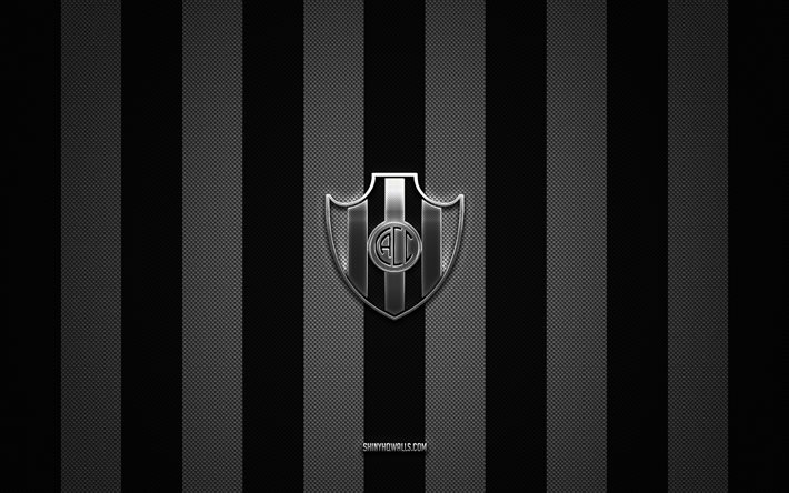 Central Cordoba logo, Argentine football club, Argentine Primera Division, white black carbon background, Central Cordoba emblem, football, Central Cordoba, Argentina, Central Cordoba silver metal logo