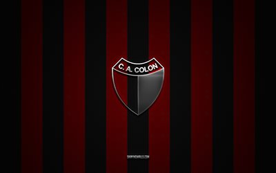 Club Atletico Colon logo, Argentine football club, Argentine Primera Division, red black carbon background, Club Atletico Colon emblem, football, Club Atletico Colon, Argentina, Club Atletico Colon silver metal logo