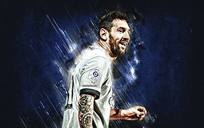 Lionel Messi, portrait, PSG, Paris Saint-Germain, Champions League, Leo Messi, world football star, football, blue stone background
