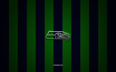 seattle seahawks-logo, american-football-team, nfl, grün-blauer kohlenstoffhintergrund, seattle seahawks-emblem, american football, seattle seahawks-silbermetalllogo, seattle seahawks