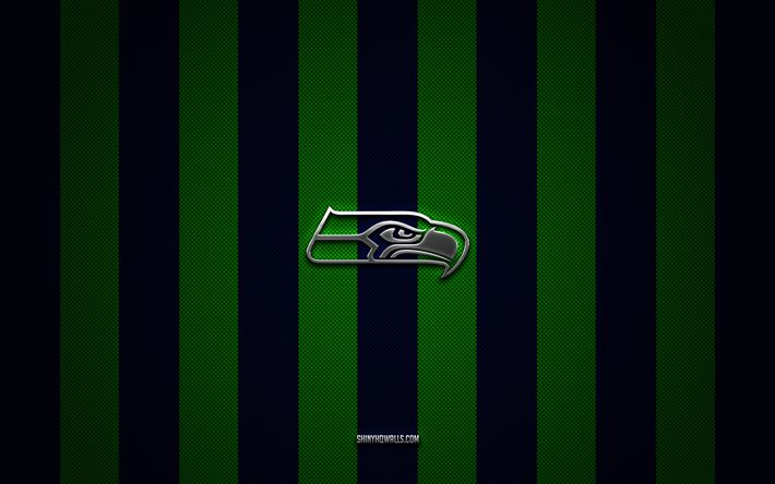 Seattle Seahawks logo, american football team, NFL, green blue carbon background, Seattle Seahawks emblem, american football, Seattle Seahawks silver metal logo, Seattle Seahawks
