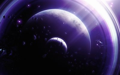 violet planet, 4k, asteroids, 3D art, stars, planets, sci-fi, galaxy, nebula, NASA, planets in space, 3D planets