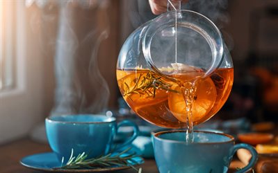 thé au citron et au romarin, théière en verre, thé à boire, thé citron-romarin, romarin, concepts de thé