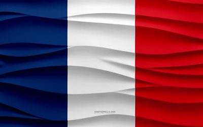 4k, علم فرنسا, 3d ، موجات ، جص ، الخلفية, 3d موجات الملمس, الرموز الوطنية الفرنسية, يوم فرنسا, الدول الأوروبية, 3d، علم فرنسا, فرنسا, أوروبا, العلم الفرنسي