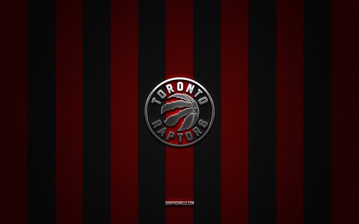 Toronto Raptors logo, canadian basketball team, NBA, red black carbon background, Toronto Raptors emblem, basketball, Toronto Raptors silver metal logo, Toronto Raptors