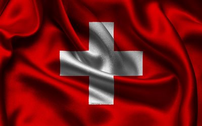 bandiera svizzera, 4k, paesi europei, bandiere di raso, bandiera della svizzera, giorno della svizzera, bandiere di raso ondulate, simboli nazionali svizzeri, europa, svizzera