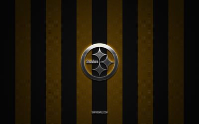 logotipo de los pittsburgh steelers, equipo de fútbol americano, nfl, fondo de carbono negro amarillo, emblema de los pittsburgh steelers, fútbol americano, logotipo de metal plateado de los pittsburgh steelers, pittsburgh steelers