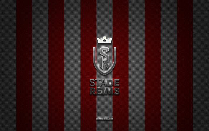 logotipo del stade de reims, club de fútbol francés, ligue 1, fondo de carbono blanco rojo, emblema del stade de reims, fútbol, stade de reims, francia, logotipo de metal plateado del stade de reims