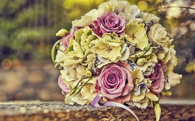 bouquet da sposa viola verde, 4k, bouquet da sposa, concetti di nozze, bouquet di rose, rose viola, bellissimi mazzi, rose, matrimonio