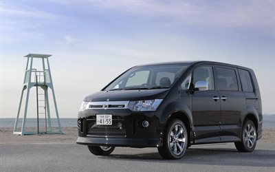 mitsubishi delica, 4k, mpv, 2017 autos, minivans, 2017 mitsubishi delica, negro mitsubishi delica, los autos japoneses, mitsubishi