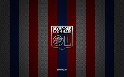 Olympique Lyonnais logo, French football club, Ligue 1, blue red carbon background, Lyon, Olympique Lyonnais emblem, football, Olympique Lyonnais, France, Olympique Lyonnais silver metal logo