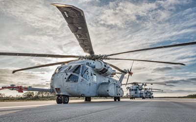 4k, Sikorsky CH-53K King Stallion, American military helicopter, US Navy, CH-53K, American transport and cargo helicopter, evening, sunset, helicopters on the airfield, Sikorsky