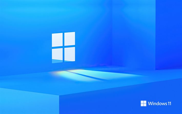windows 11 파란색 로고, 4k, 미니멀리즘, 창의적인, 마이크로소프트, 윈도우 11 로고, 파란색 배경, 윈도우 11, 마이크로소프트 윈도우 11