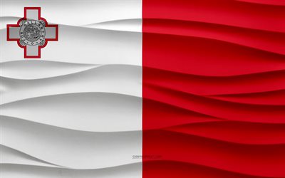 4k, Flag of Malta, 3d waves plaster background, Malta flag, 3d waves texture, Malta national symbols, Day of Malta, European countries, 3d Malta flag, Malta, Europe