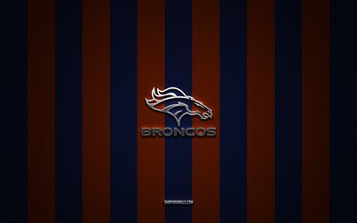 Denver Broncos logo, american football team, NFL, orange blue carbon background, Denver Broncos emblem, american football, Denver Broncos silver metal logo, Denver Broncos