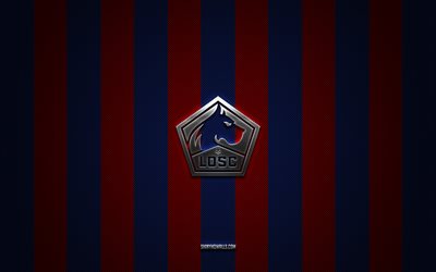 lille osc logosu, fransız futbol kulübü, 1 izle, mavi, kırmızı karbon arka plan, lille osc amblemi, futbol, lille osc, fransa, lille osc gümüş metal logo