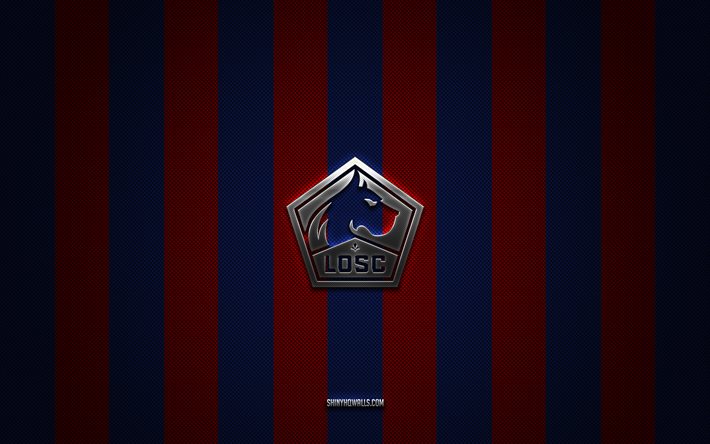 logo lille osc, club français de football, ligue 1, fond bleu carbone rouge, emblème lille osc, football, lille osc, france, logo en métal argenté lille osc