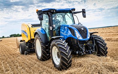 new holland t5-140 auto command, 4k, mise en balles de paille, 2022 tracteurs, paille, tracteur dans le champ, concepts de récolte, tracteur bleu, new holland t5, concepts agricoles, new holland agriculture