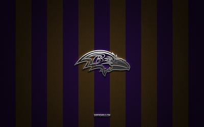 logotipo de los baltimore ravens, equipo de fútbol americano, nfl, fondo de carbono amarillo violeta, emblema de los baltimore ravens, fútbol americano, logotipo de metal plateado de los baltimore ravens, baltimore ravens