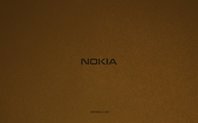 노키아 로고, 4k, 컴퓨터 로고, 노키아 엠블럼, 갈색 돌 질감, 노키아, 기술 브랜드, 노키아 사인, 갈색 돌 배경