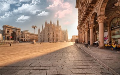 Milan Cathedral, 4k, sunrice, square, Milan landmarks, italian cities, Milan, cityscapes, Lombardy, Italy, Milan cityscape