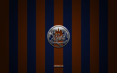 logotipo do new york mets, clube de beisebol americano, mls, fundo de carbono laranja azul, emblema do new york mets, beisebol, new york mets, eua, major league baseball, new york mets logotipo de metal prateado