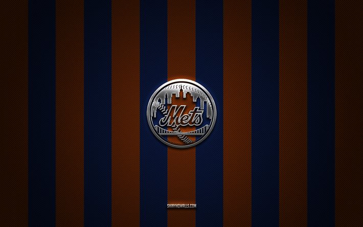 logotipo de los mets de nueva york, club de béisbol estadounidense, mls, fondo de carbono azul naranja, emblema de los mets de nueva york, béisbol, mets de nueva york, ee uu, major league baseball, logotipo de metal plateado de los mets de nueva york
