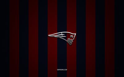 New England Patriots logo, american football team, NFL, red blue carbon background, New England Patriots emblem, american football, New England Patriots silver metal logo, New England Patriots