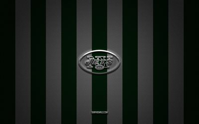 New York Jets logo, american football team, NFL, green white carbon background, New York Jets emblem, american football, New York Jets silver metal logo, New York Jets, NY Jets