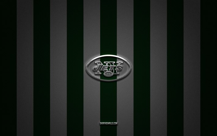 new york jets-logo, american-football-team, nfl, grün-weißer karbonhintergrund, new york jets-emblem, american football, new york jets-silbermetalllogo, new york jets, ny jets
