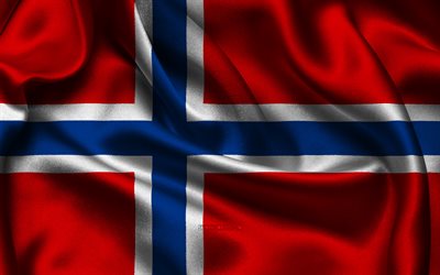 علم النرويج, 4k, الدول الأوروبية, أعلام الساتان, يوم النرويج, أعلام الساتان المتموجة, العلم النرويجي, الرموز الوطنية النرويجية, أوروبا, النرويج
