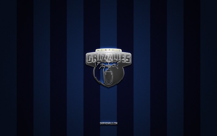logotipo de memphis grizzlies, equipo de baloncesto americano, nba, fondo de carbono azul, emblema de memphis grizzlies, baloncesto, logotipo de metal plateado de memphis grizzlies, memphis grizzlies
