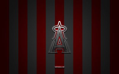 Los Angeles Angels logo, American baseball club, MLS, red white carbon background, Los Angeles Angels emblem, baseball, Los Angeles Angels, USA, Major League Baseball, Los Angeles Angels silver metal logo