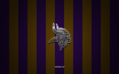 logotipo de los minnesota vikings, equipo de fútbol americano, nfl, fondo de carbono amarillo violeta, emblema de los minnesota vikings, fútbol americano, logotipo de metal plateado de los minnesota vikings, minnesota vikings