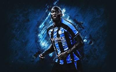 Romelu Lukaku, Inter Milan, Belgian footballer, Internazionale, portrait, blue stone background, football, Serie A, Lukaku Inter