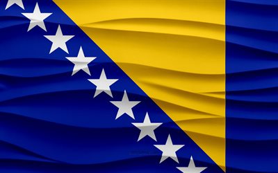 4k, Flag of Bosnia and Herzegovina, 3d waves plaster background, Bosnia and Herzegovina flag, 3d waves texture, Bosnia and Herzegovina national symbols, Day of Bosnia and Herzegovina, European countries, Bosnia and Herzegovina, Europe