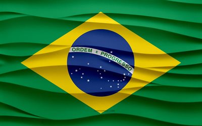 4k, Flag of Brazil, 3d waves plaster background, Brazil flag, 3d waves texture, Brazil national symbols, Day of Brazil, South America countries, 3d Brazil flag, Brazil, South America, Brazilian flag