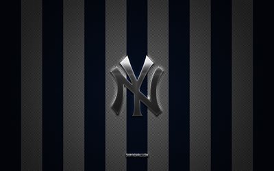 New York Yankees logo, American baseball club, MLS, blue white carbon background, New York Yankees emblem, baseball, New York Yankees, USA, Major League Baseball, New York Yankees silver metal logo