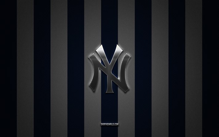 logotipo de los yankees de nueva york, club de béisbol estadounidense, mls, fondo de carbono blanco azul, emblema de los yankees de nueva york, béisbol, yankees de nueva york, ee uu, major league baseball, logotipo de metal plateado de los yankees de nueva york