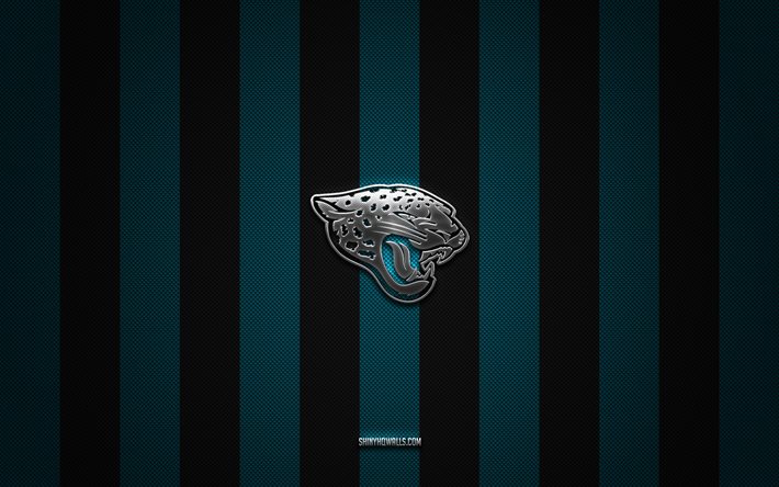 logo des jacksonville jaguars, équipe de football américain, nfl, fond bleu carbone noir, emblème des jacksonville jaguars, football américain, logo en métal argenté des jacksonville jaguars, jacksonville jaguars