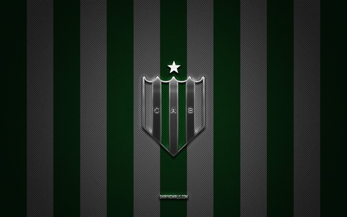 ca banfield logo, argentine football club, argentine primera division, green white carbon background, ca banfield emblem, football, ca banfield, argentine, ca banfield silver metal logo