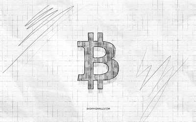 ビットコインスケッチロゴ, 4k, 市松模様の紙の背景, ビットコインブラックロゴ, 暗号通貨, ロゴスケッチ, ビットコインロゴ, 鉛筆の描画, ビットコイン