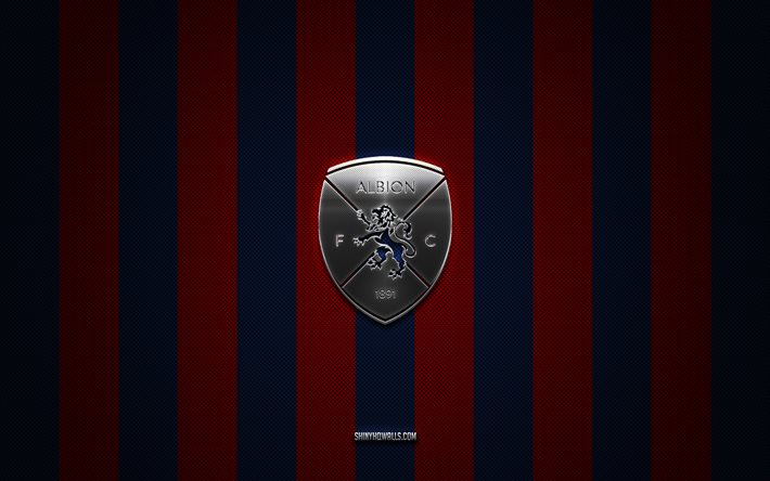 logo albion fc, uruguay football club, uruguay primera division, blue red carbon background, albion fc emblem, football, albion fc, uruguay, albion fc silver metal logo