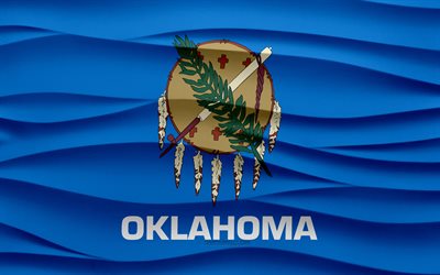 4k, Flag of Oklahoma, 3d waves plaster background, Oklahoma flag, 3d waves texture, American national symbols, Day of Oklahoma, American states, 3d Oklahoma flag, Oklahoma, USA