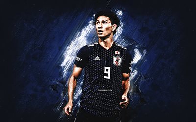 takumi minamino, squadra nazionale di calcio giapponese, calciatore giapponese, sfondo di pietra blu, giappone, calcio