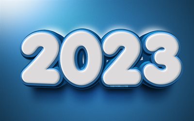 2023 Happy New Year, 4k, minimalism, white 3D digits, 2023 concepts, creative, 2023 3D digits, Happy New Year 2023, 2023 blue background, 2023 year